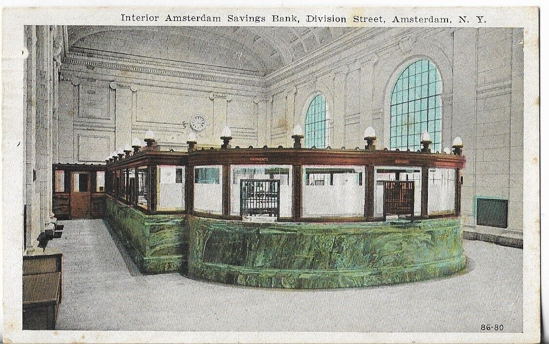 Vtg Postcard - Interior Amsterdam Savings Bank - Amsterdam, New York 1947