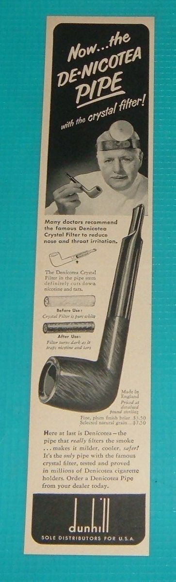 1949 PRINT AD~DE-NICOTEA CRYSTAL FILTER PIPE Dunhill Distributors Doctor