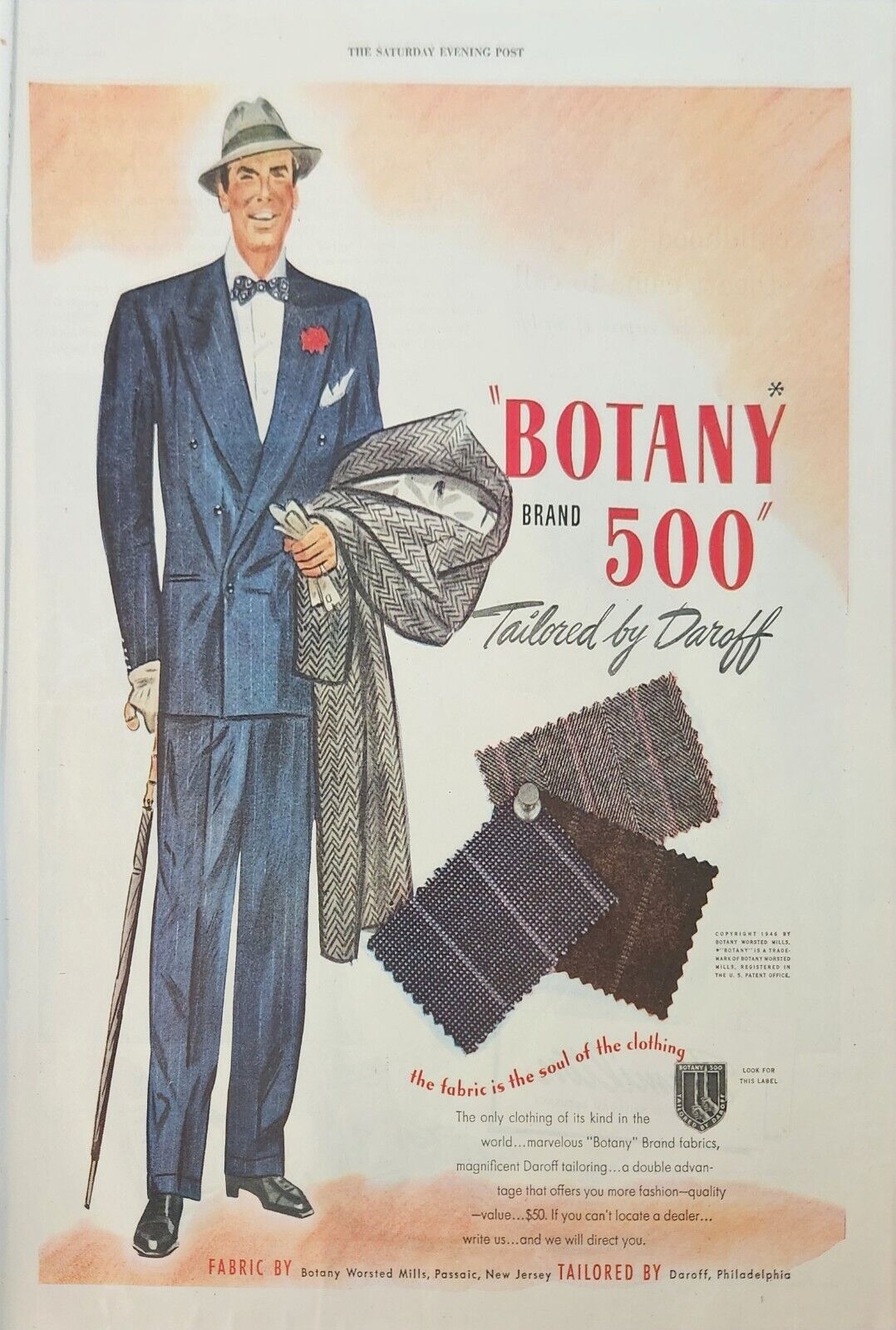1946 Botany 500 men's suits Vintage Ad fabric is the soul of the clothing