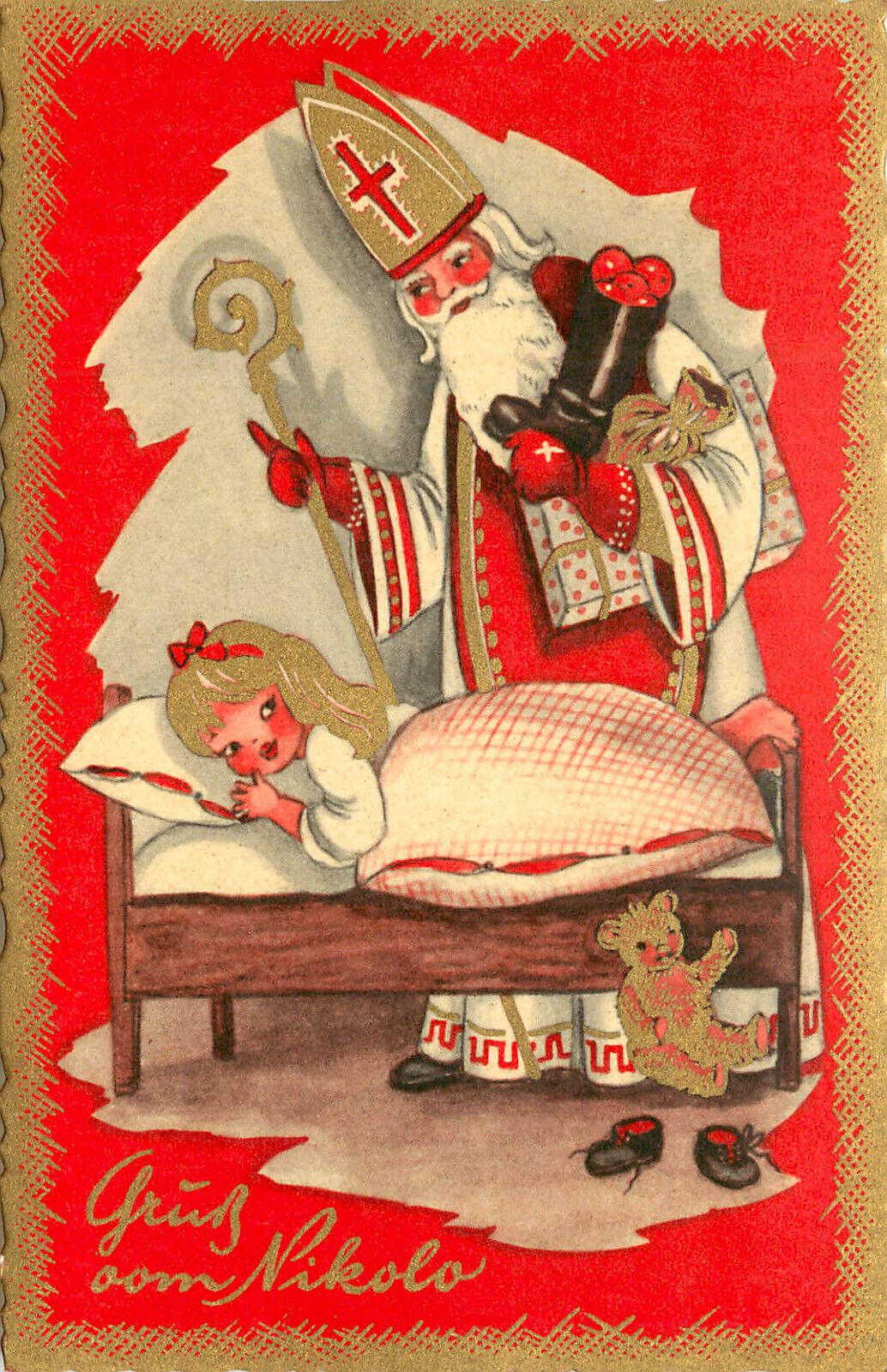 Gruss Vom St. Nicholas Christmas Postcard Santa Claus With Gifts For Little Girl