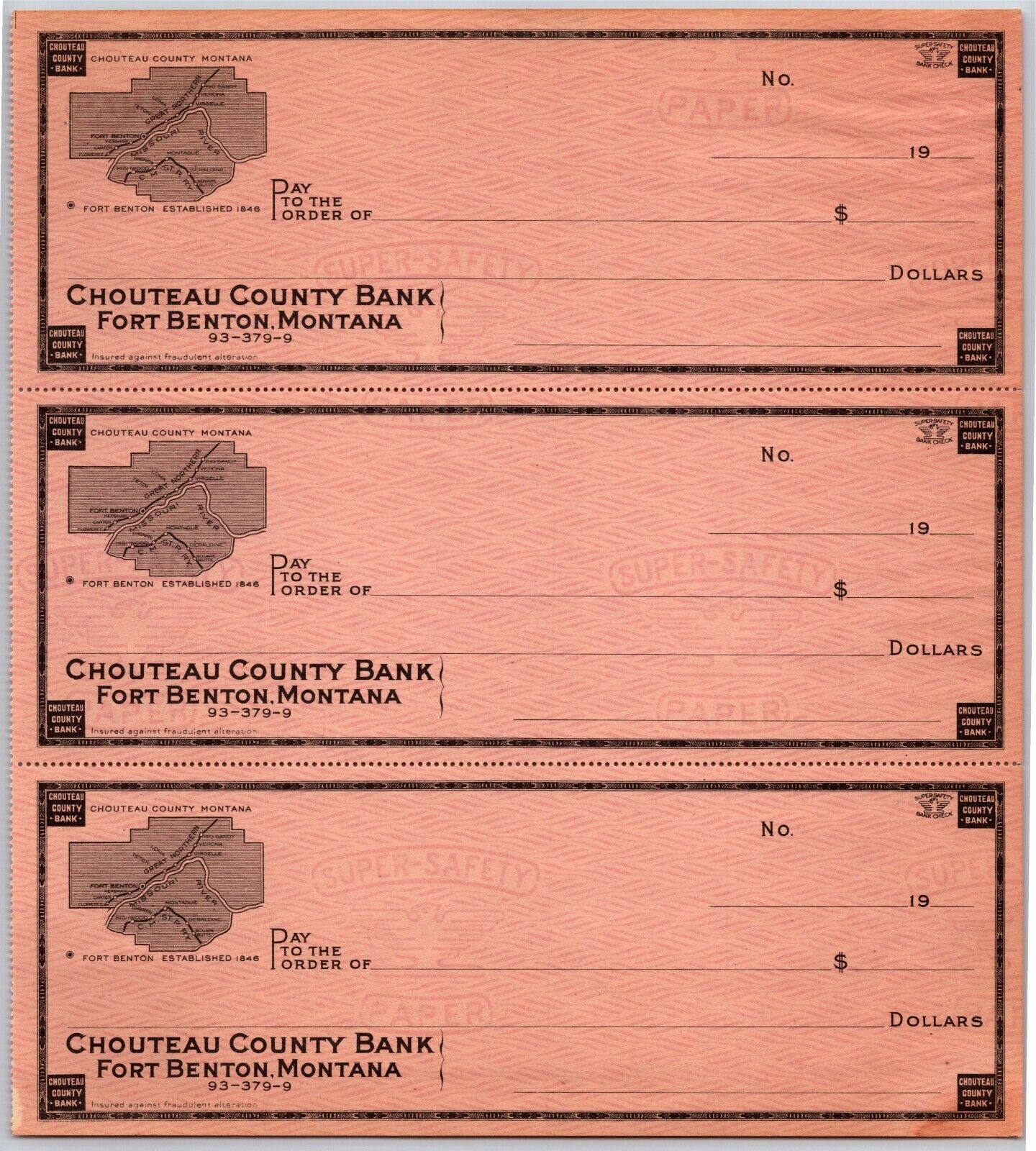Fort Benton, Montana Chouteau County Bank Check Sheet c1920\'s-30\'s  w/ Map