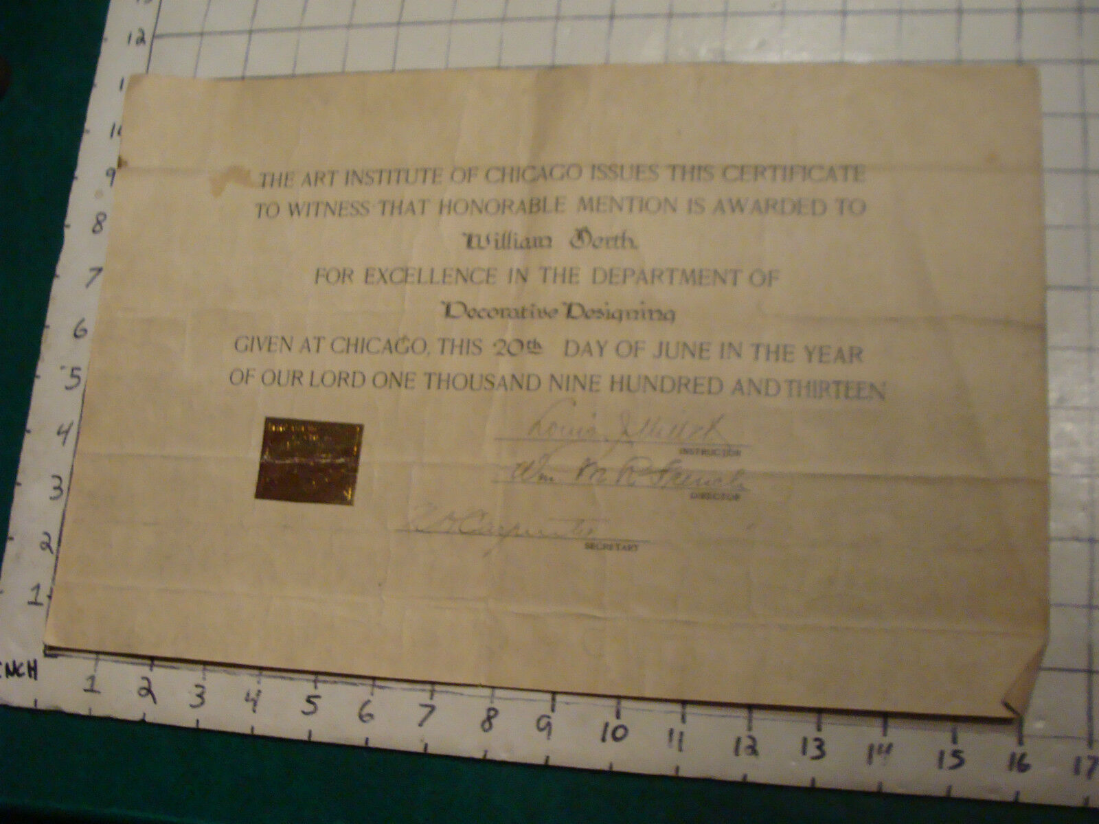 1913 WILLIAM GERTH art institute of Chicago Designing Award 1913 signed FRENCH