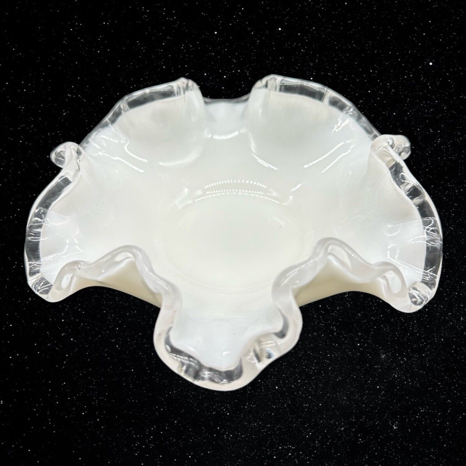 Fenton Silver Crest Ruffled Edge Candy Trinket Dish Bowl Milk Glass 1”T 5.5”W