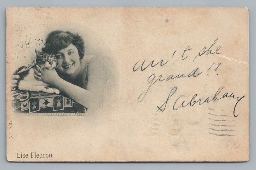 French Actress Lise Fleuron w Cat ~ Antique Belle Epoque Paris Postcard NYC 1904