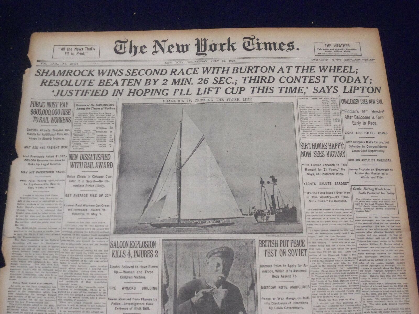 1920 JULY 21 NEW YORK TIMES - SHAMROCK BEATS RESOLUTE BY 2 MIN, 26 SEC - NT 9342