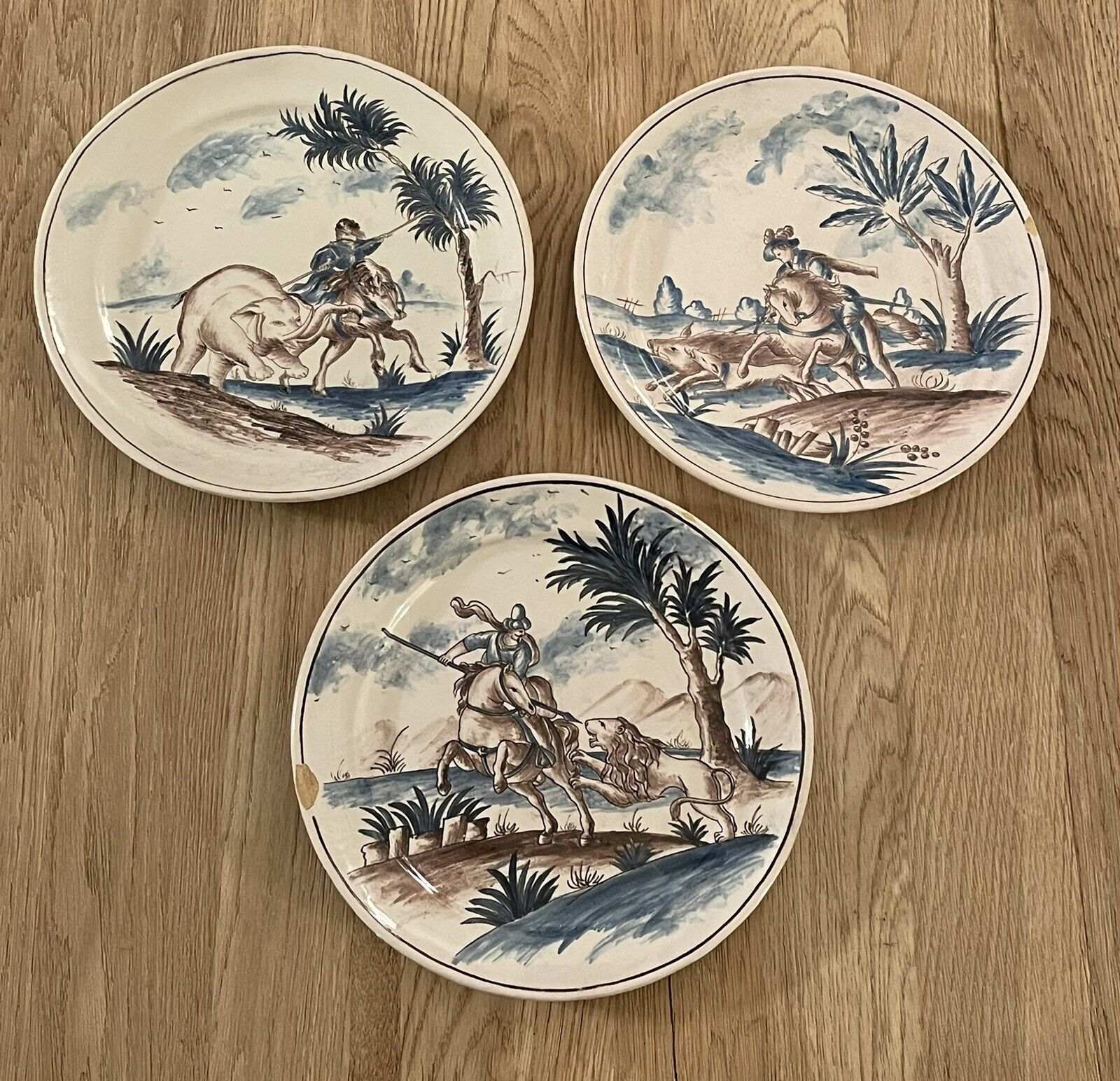 Antique French Faience 3 Dinner Plates With Different Hunting Scenes 9-1/2”