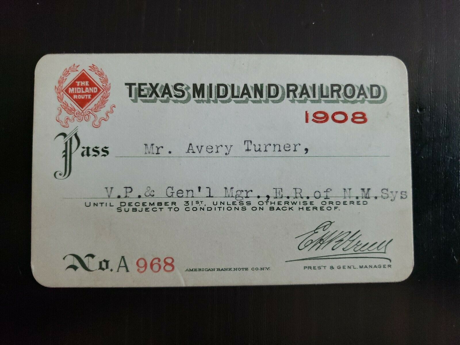 Vintage Rare 1908 Texas Midland Railroad Company Pass Ticket