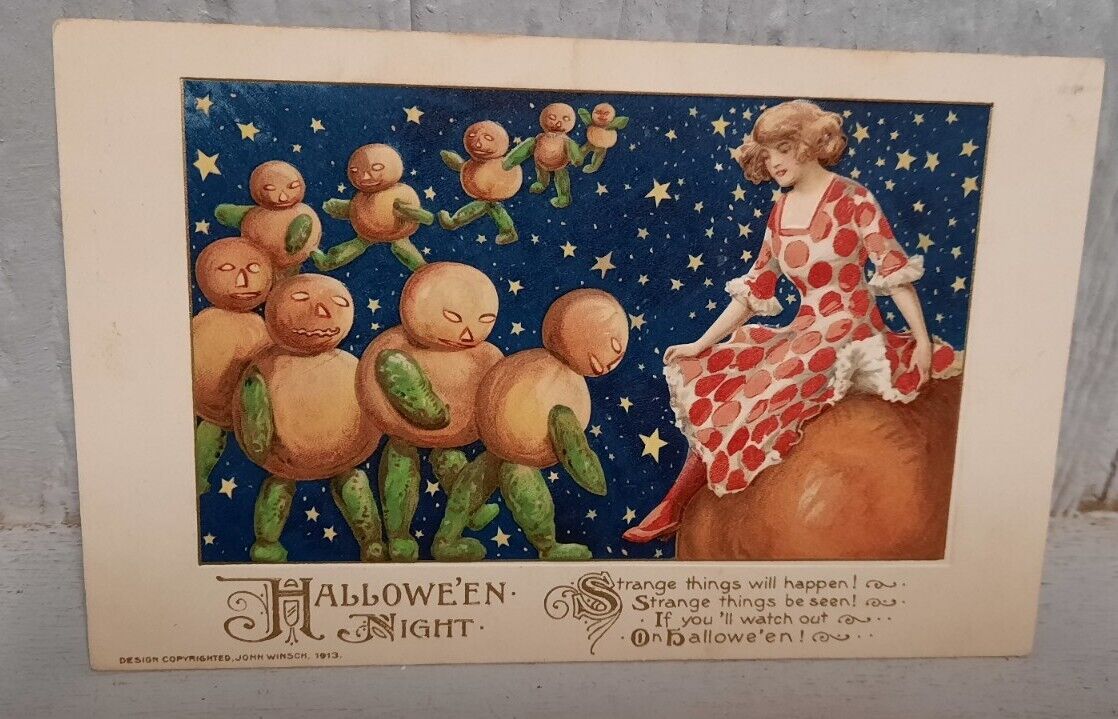 Vtg 1914 Halloween Girl & Goblins Postcard John Winsch Germany \