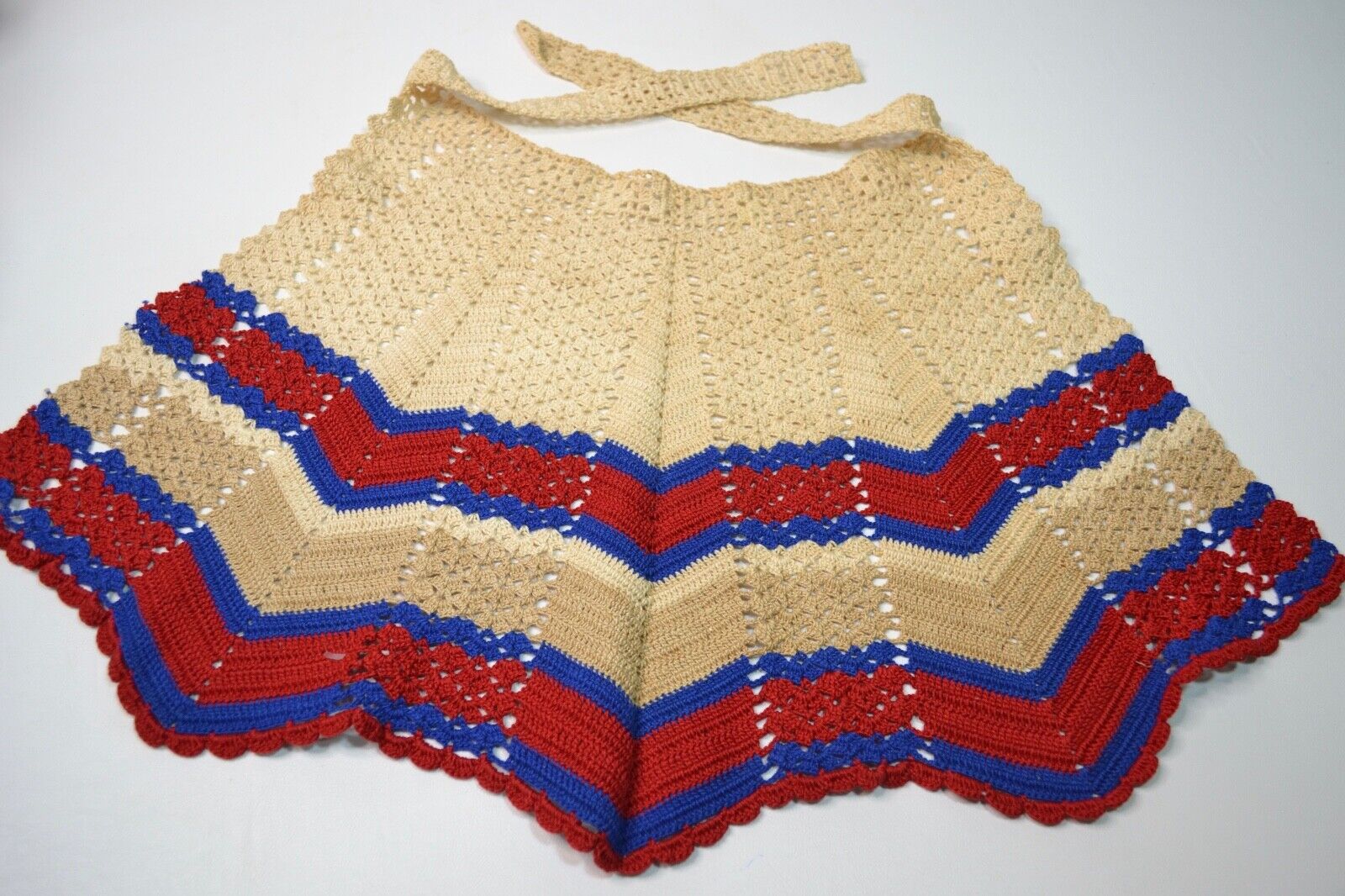Child\'s Vintage 1950s Crocheted Apron Blue Red Tan Handmade Half Apron Chevron