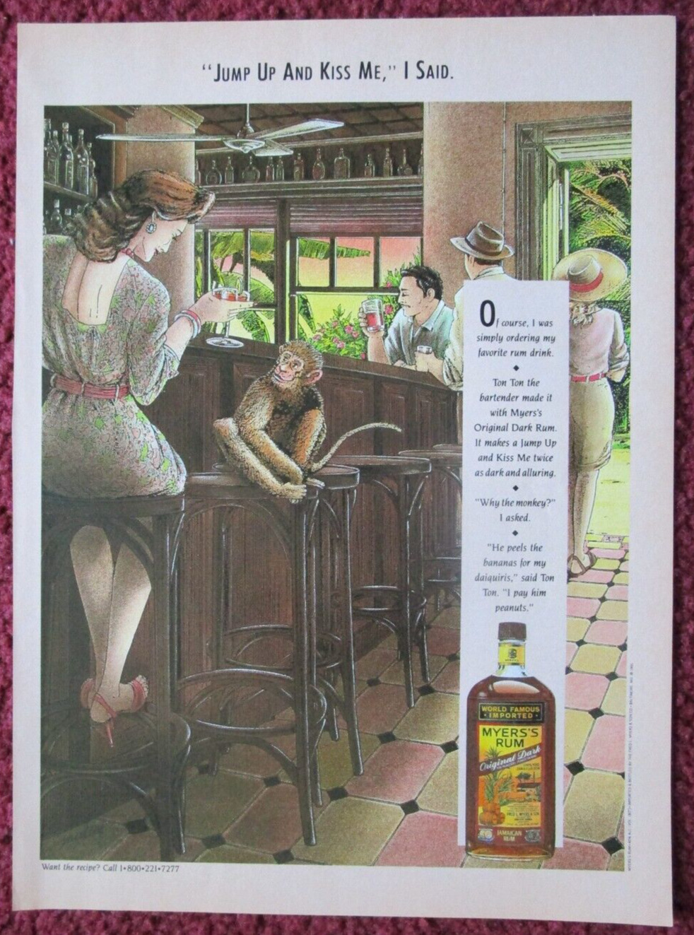 1992 MYER\'S RUM Print Ad ~ Woman & Monkey at the Bar, \