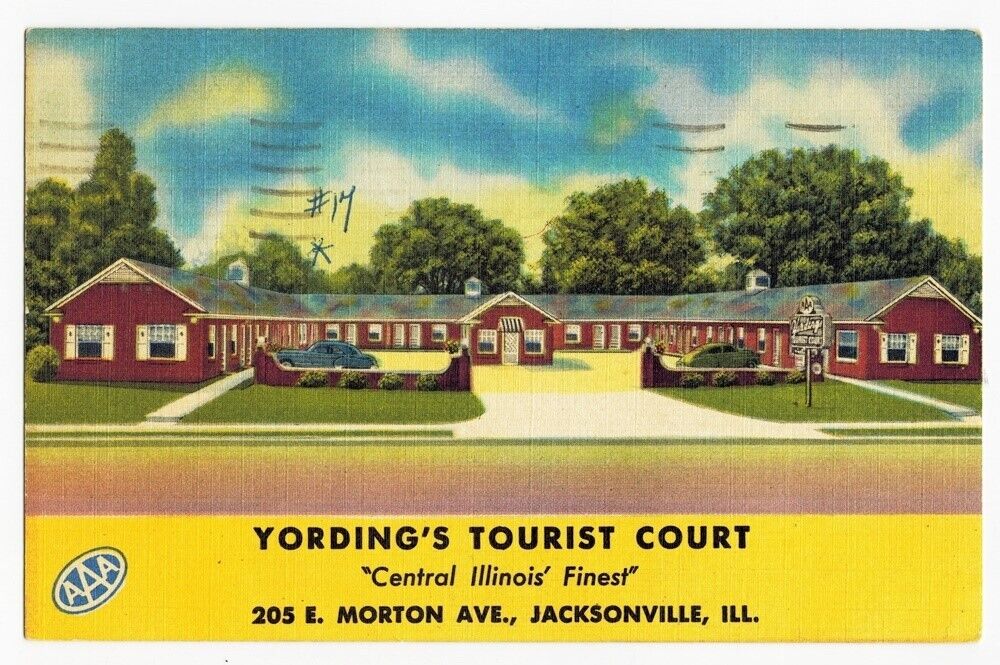 1955 Color Linen Postcard of Yording\'s Tourist Court Morton Ave, Jacksonville Il