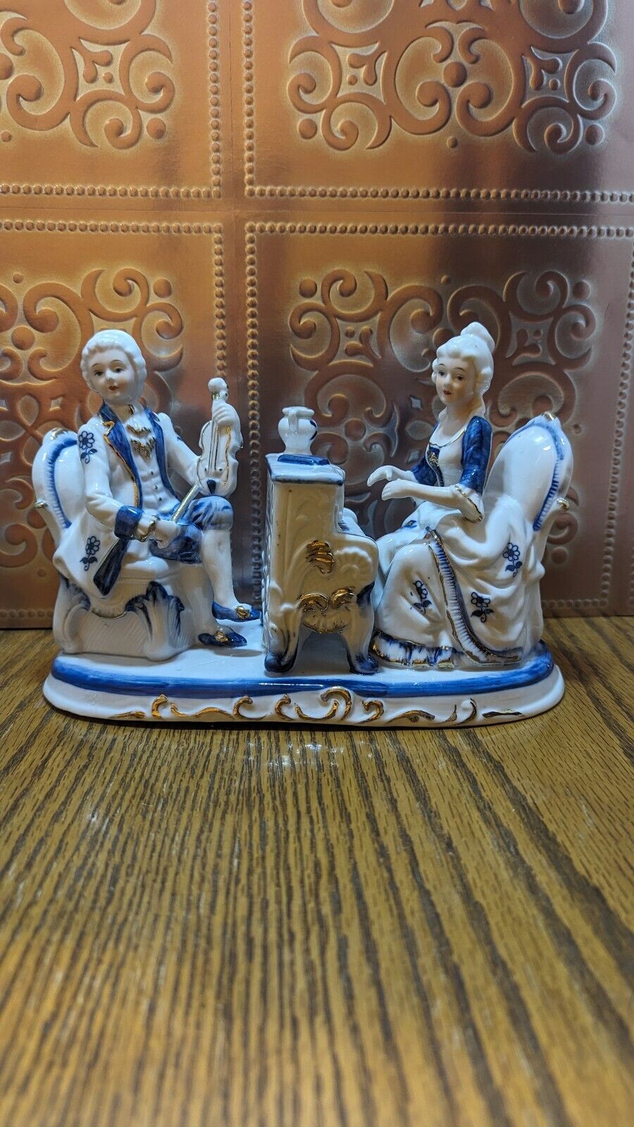 Antique Victorian Couple Dressed In Blue And White Playing A Piano And Violin