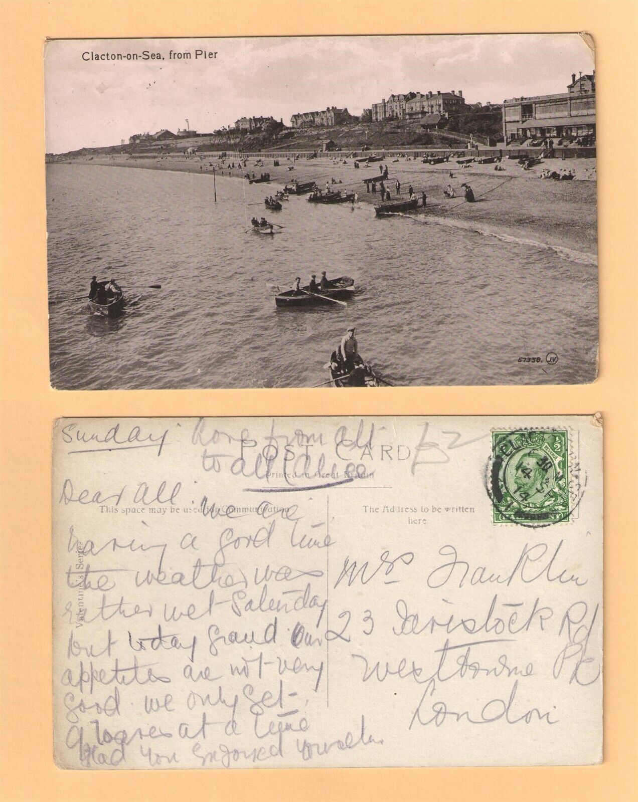 1914 CLACTON-ON-SEA FROM PIER ENGLAND UK RPPC REAL PICTURE POSTCARD
