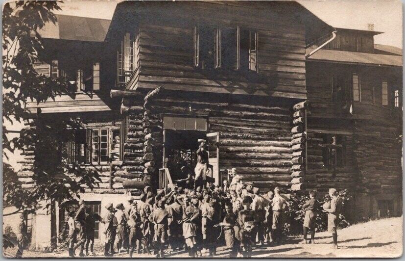 Vintage 1910s RPPC Real Photo Postcard BOY SCOUTS at Camp Lodge Building -Unused