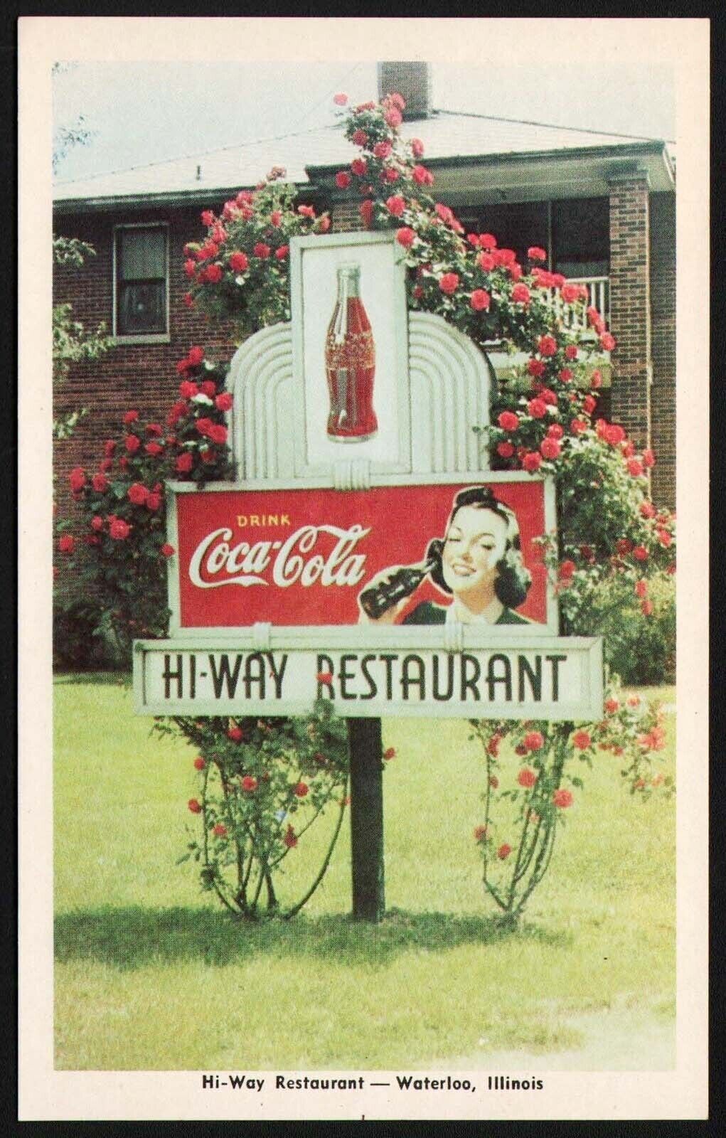 Vintage postcard HI WAY RESTAURANT Waterloo Illinois nice Coca Cola sign picture