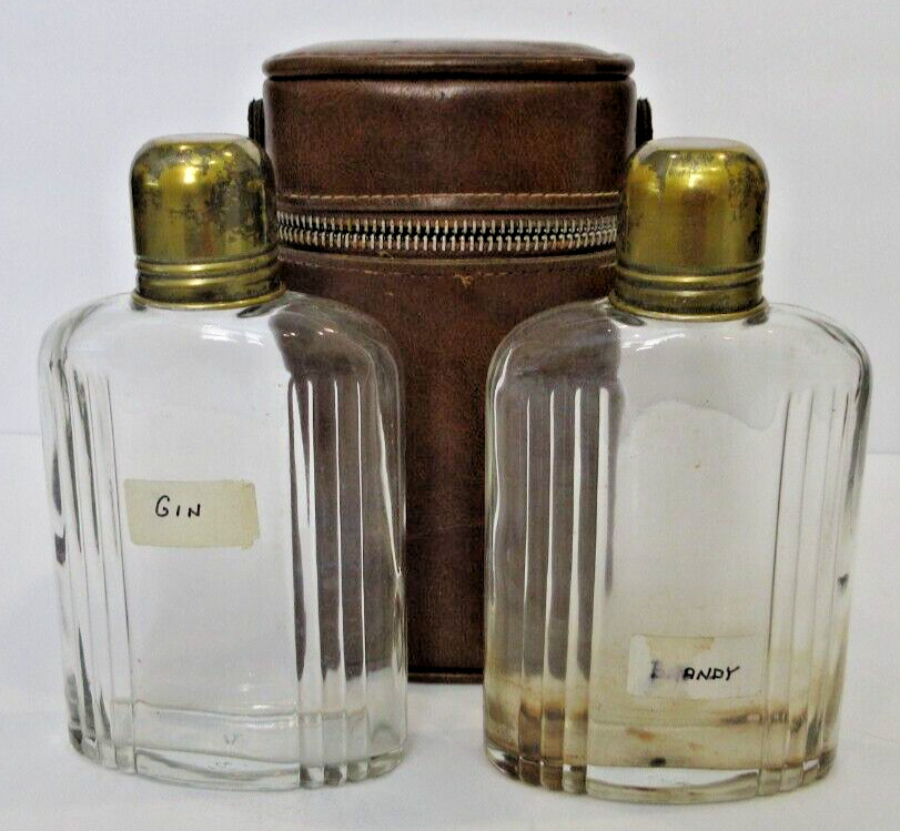 VINTAGE Mid-Century Brown Leather Travel Flask Carrier w/ 2 Glass Flasks
