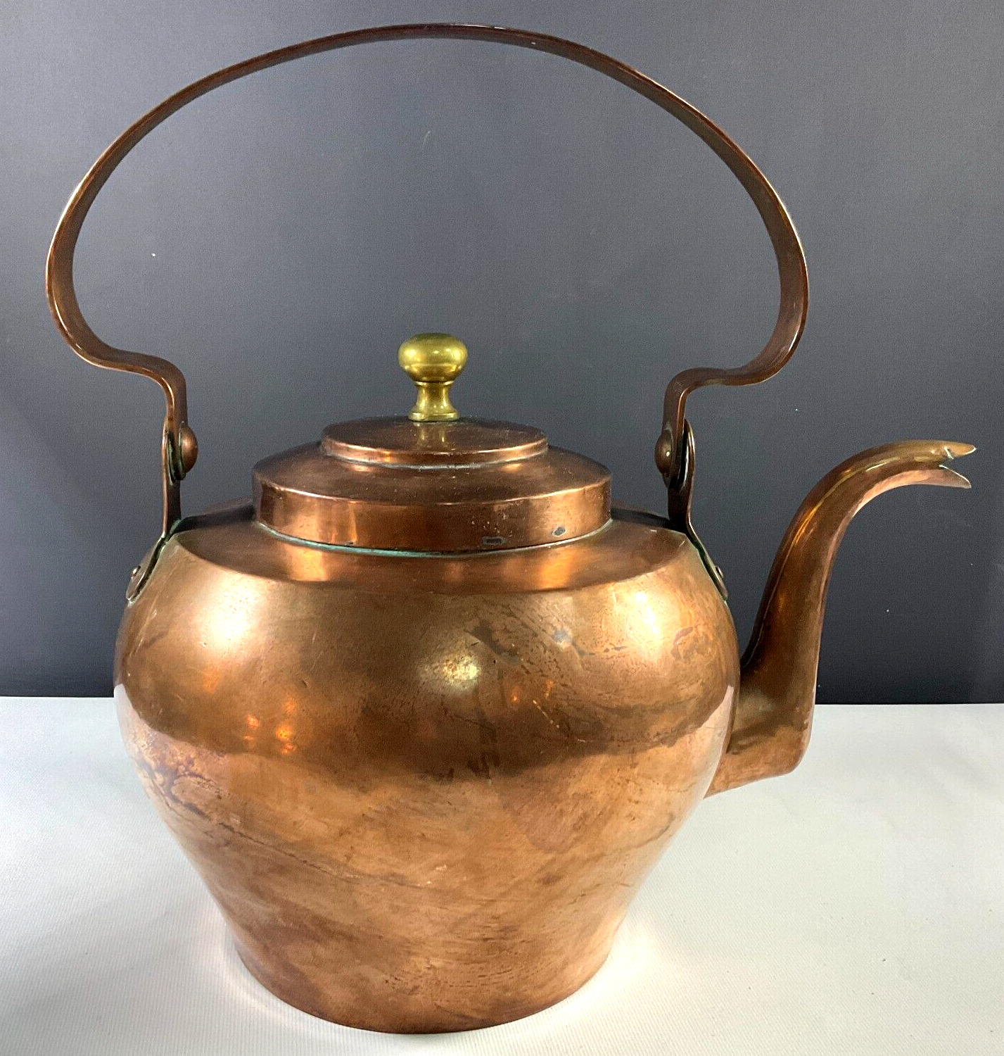 Antique French Copper Kettle with Brass Finial Tinned Interior 5 Liter