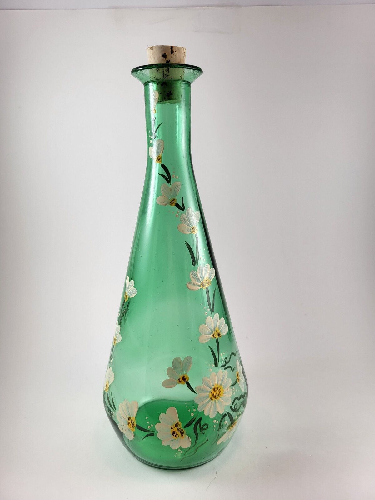 Hand Painted Bottle Green W/ White Flowers 11\