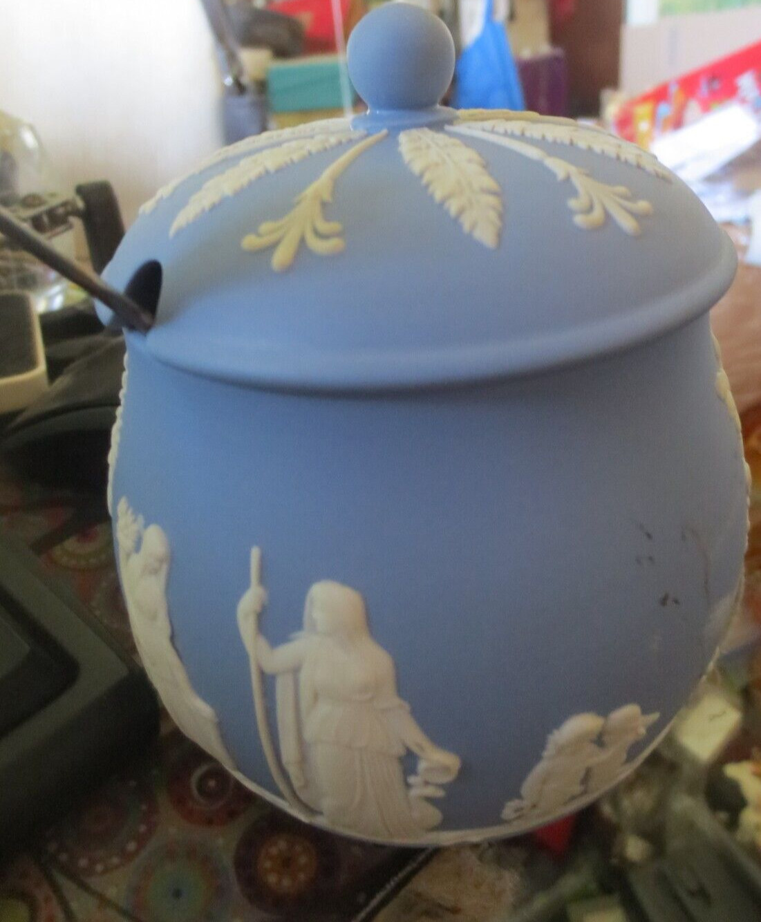 Vintage Wedgwood Blue Jasperware Sugar Preserves Dish Bowl + Reed Barton Spoon