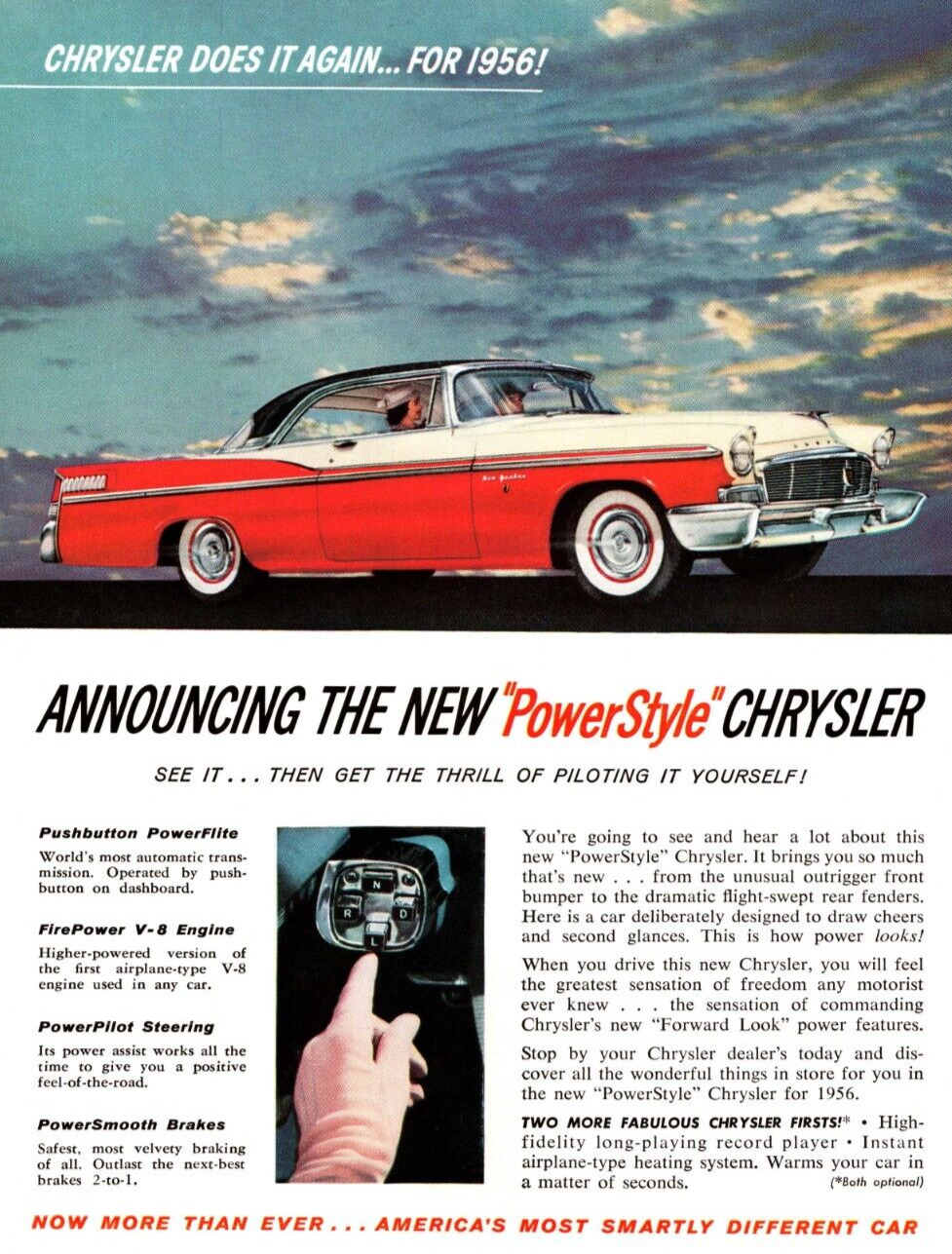 1956 Chrysler Powerstyle Push Button Optional Record Player Vintage Print Ad