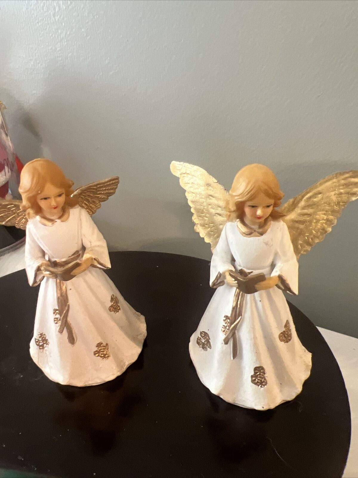 Two vintage plastic angels table display Christmas angels Hong Kong 4 inch tall