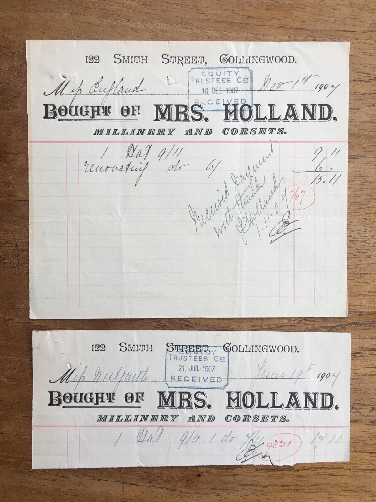 1907 2X MRS. HOLLAND MILLINERY & CORSETS 122 SMITH ST COLLINGWOOD RECEIPTS P61A