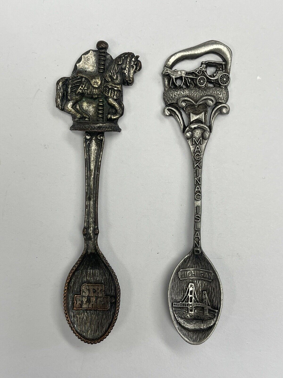 2 Gish Collectible Pewter Spoons. Six Flags ( horse); Michigan/Mackinac Island.