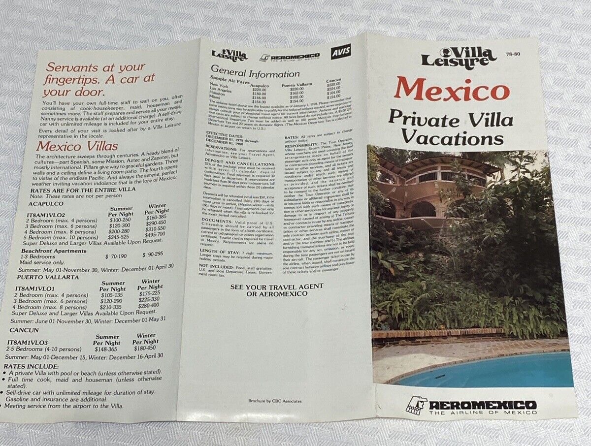 Villa Leisure Collectible Mexico Vacation Pamphlet 1970s 6 Panel Guide