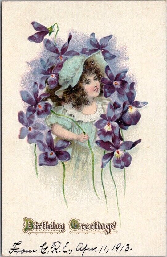 1910s Tuck's HAPPY BIRTHDAY Embossed Postcard Pretty Girl Purple Violet Flowers