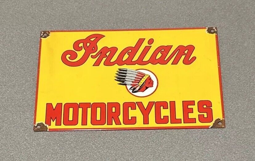 VINTAGE 12” INDIAN MOTORCYCLE PORCELAIN SIGN CAR GAS AUTO TRUCK OIL