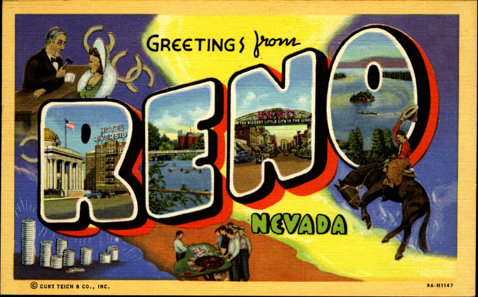Greetings from RENO Nevada NV ~ Large Letter Linen 1940s ~ Wedding~gambling