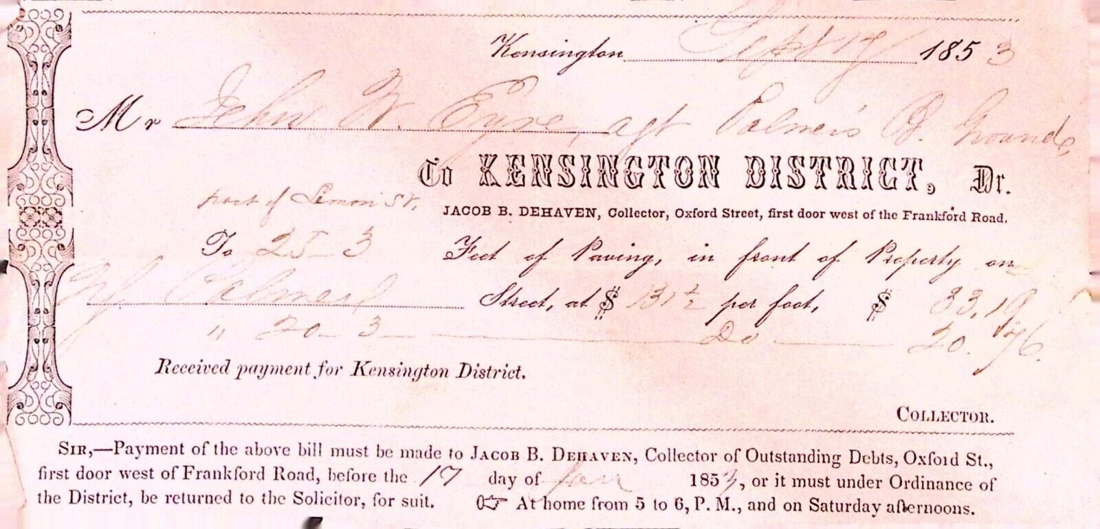 Kensington District Bill for Paving Street 1853
