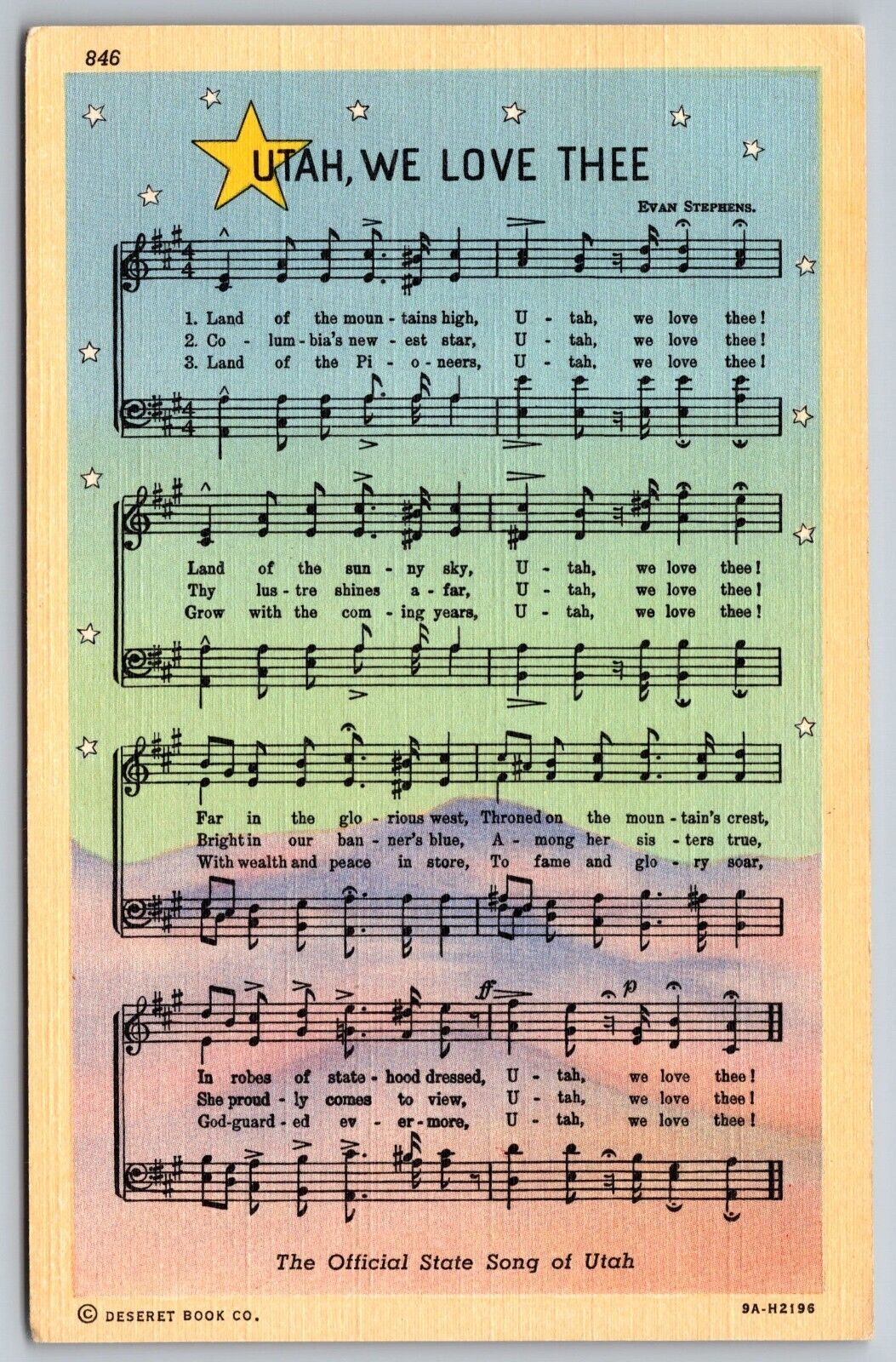 PostCard UT The Official Song of Utah We Love Thee Evan Stephens | c1940s Linen