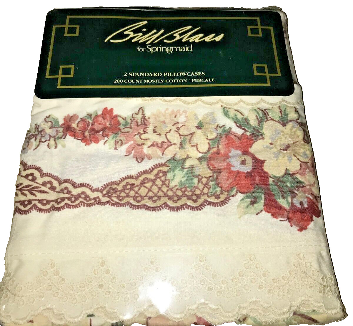 Vtg MCM Bill Blass PAIR Springmaid Pillowcases  1970-74  Cotton Sagamore MINT