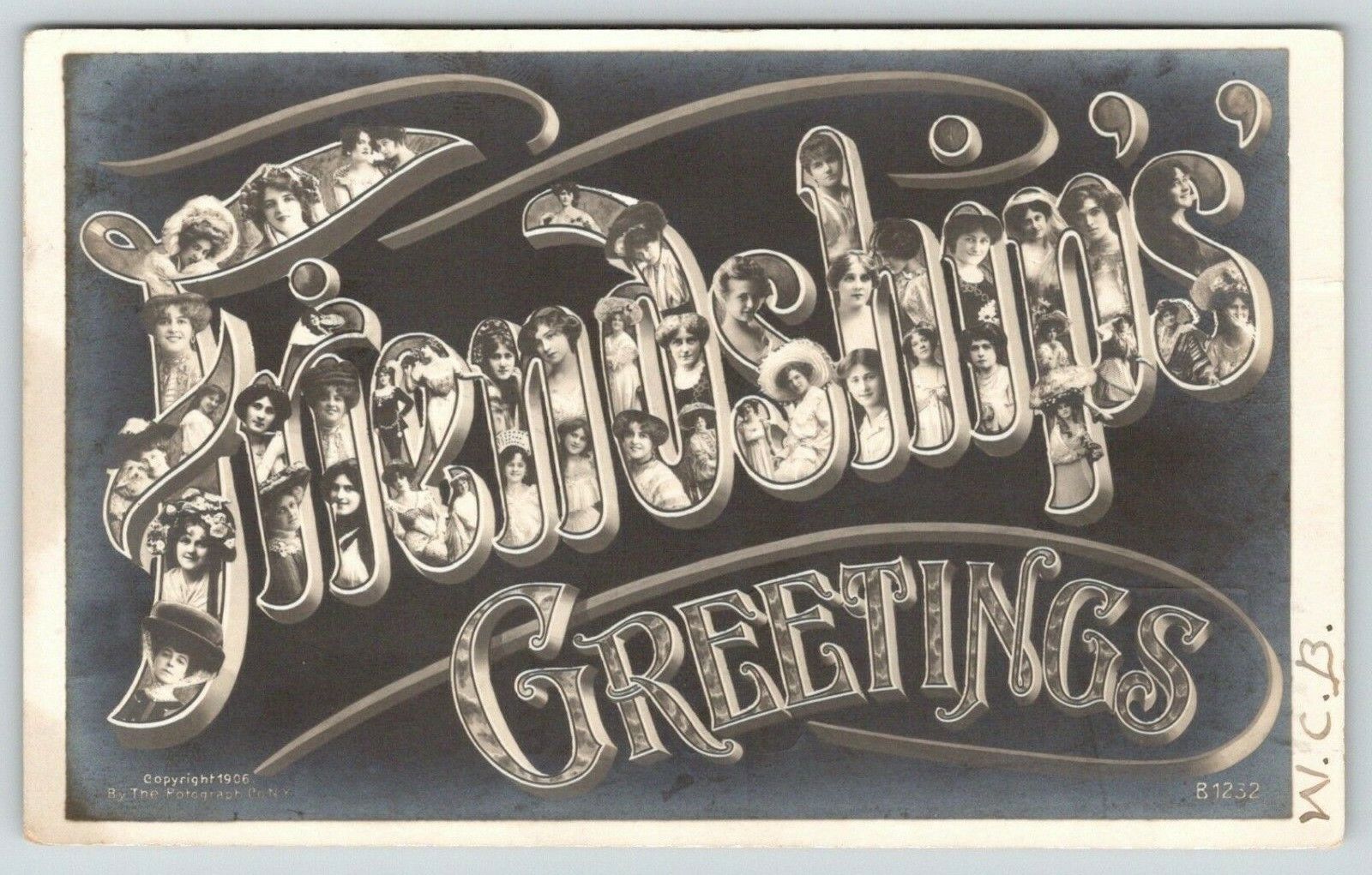 Large Letter Friendship Greetings Postcard~Lovely Ladies~1906 Rotograph RPPC