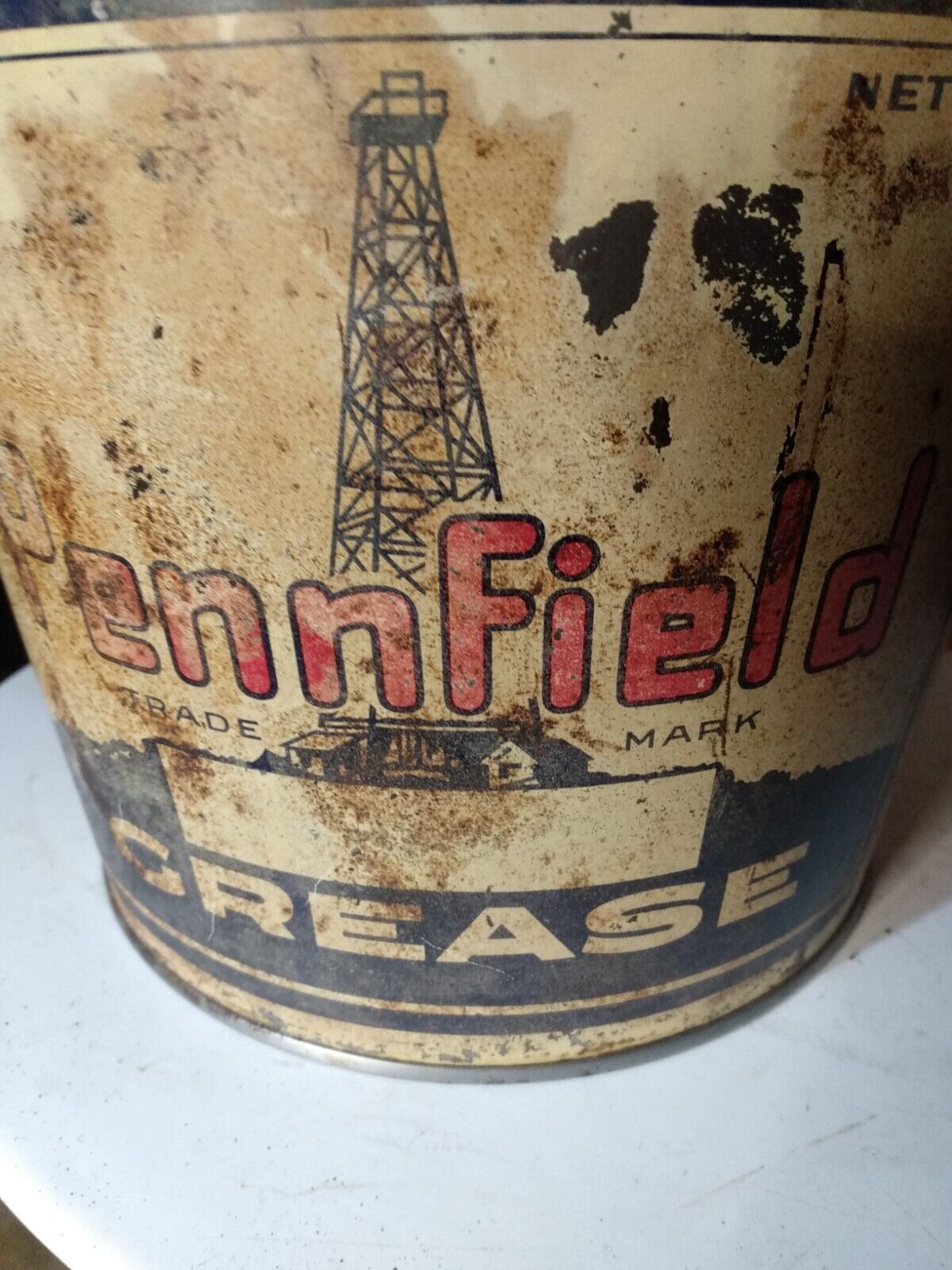 Vintage Pennfield 10 lb Grease Bucket Oil Derrick Graphics Empty
