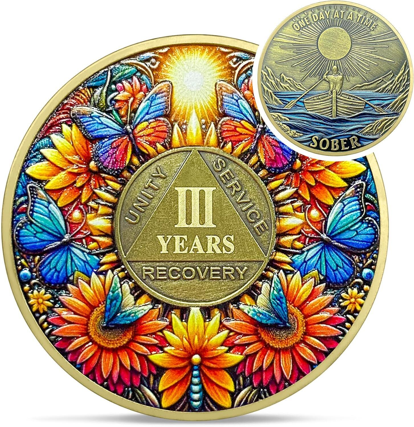 Delicate Sunflower 3 Year Sobriety Coin Recovery Butterfly AA Coin Gifts