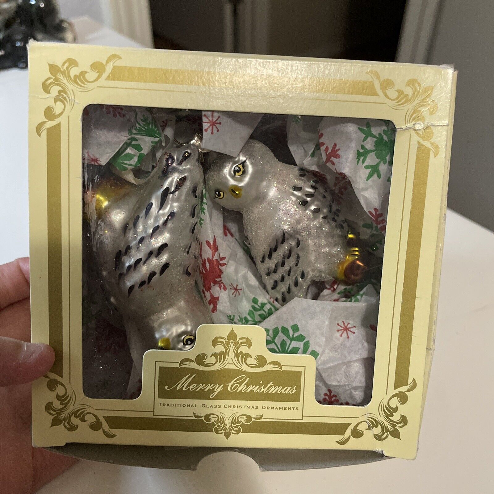 Impuls Poland White Glitter Arctic Snow Owl Set Of 2 Glass Ornaments
