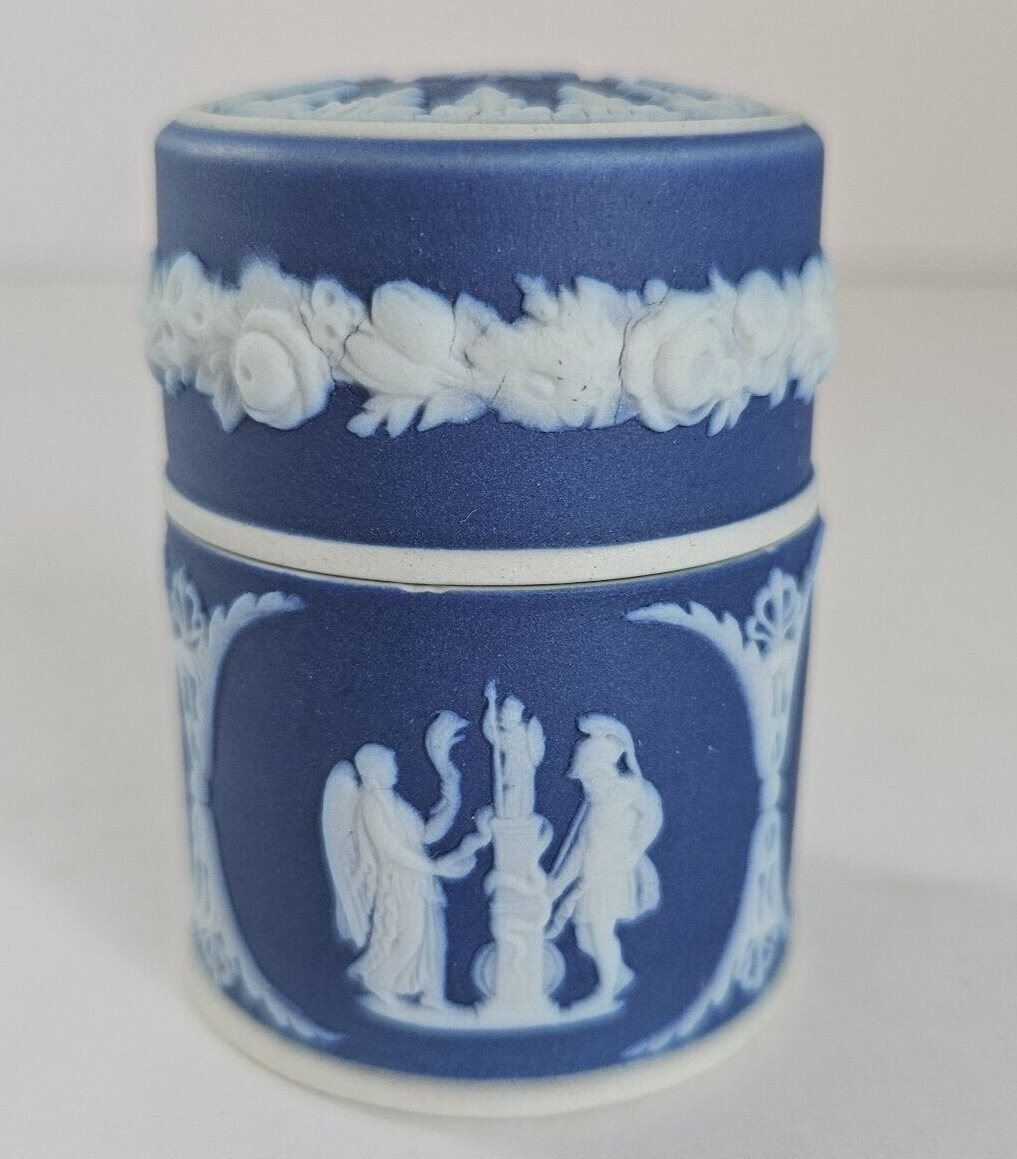 Antique Wedgwood Dark Blue Jasperware Cylinder Match Box & Lid, Stricker England