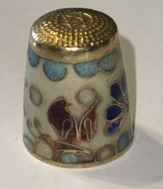 VINTAGE CLOISONNE ENAMEL with Butterfly & BIRD THIMBLE 1” Tall