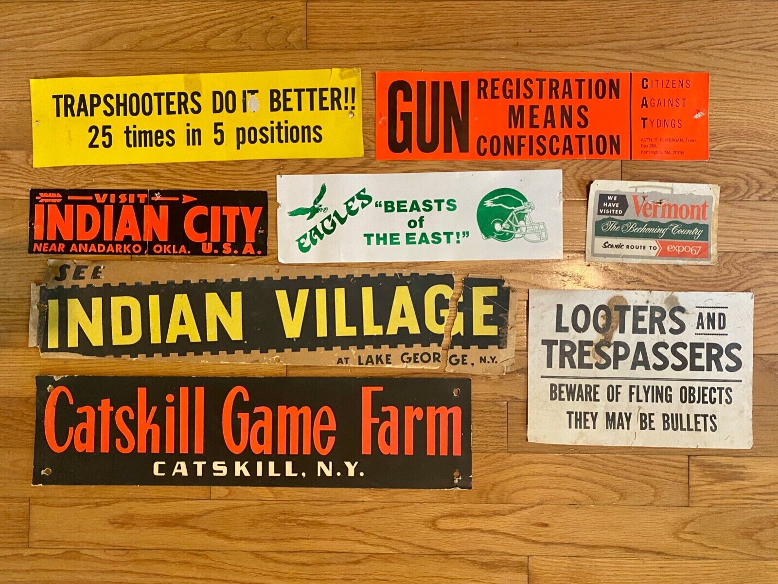 Lot of 8 vintage Americana bumper stickers and signs