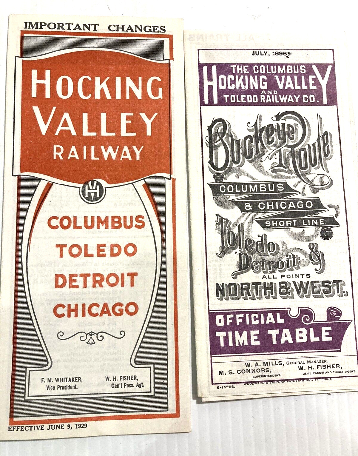 2 Rare Hocking Valley Railway Timetable, 1896 and 1929 = Reprints ?