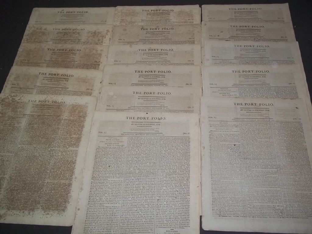 1801 THE PORT FOLIO NEWSPAPER LOT OF 16- OLIVER OLDSCHOOL- PHILA. VOL 1- NP 1517