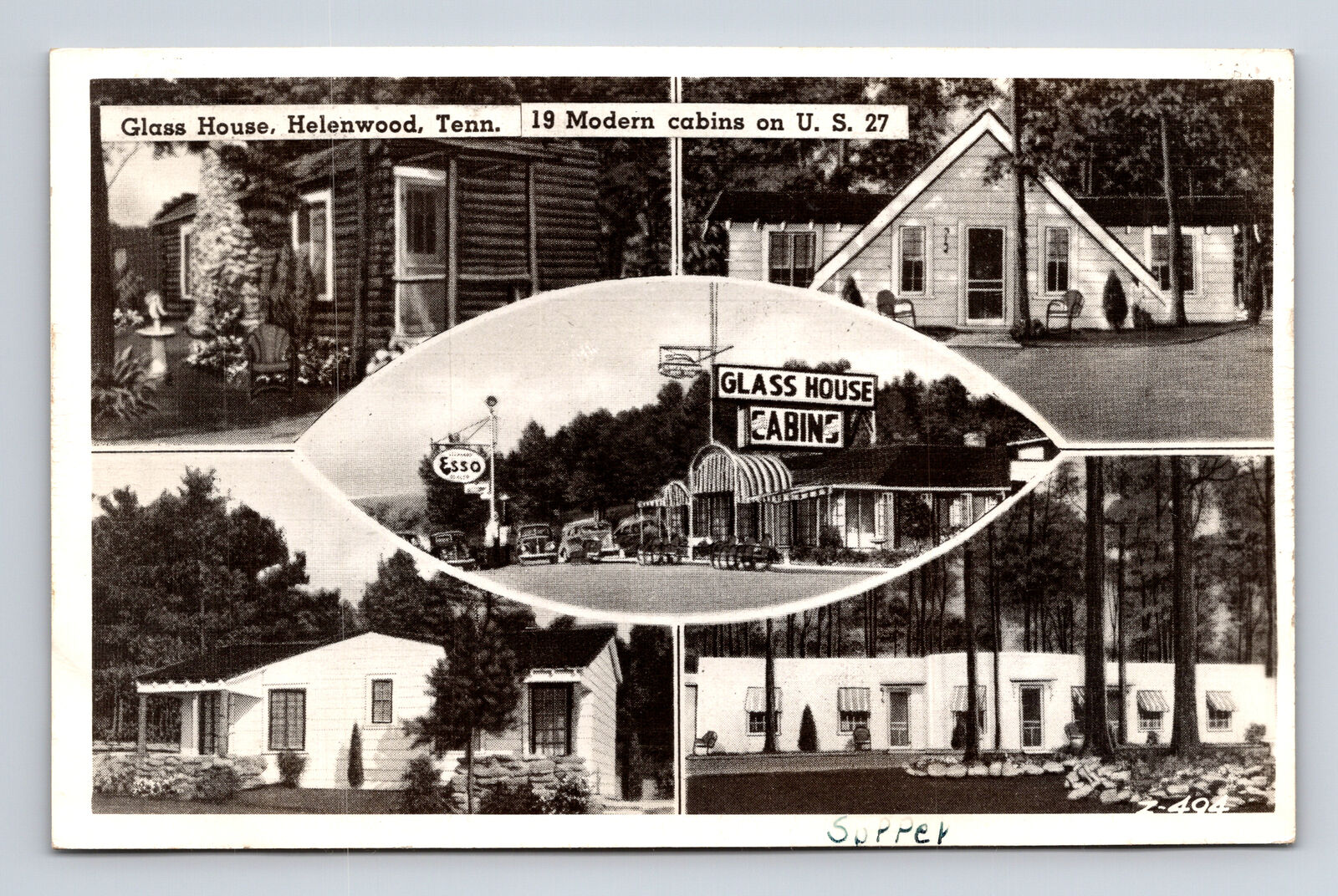 c1952 Glass House Cabins Motel Esso Gas Helenwood Tennessee TN Postcard