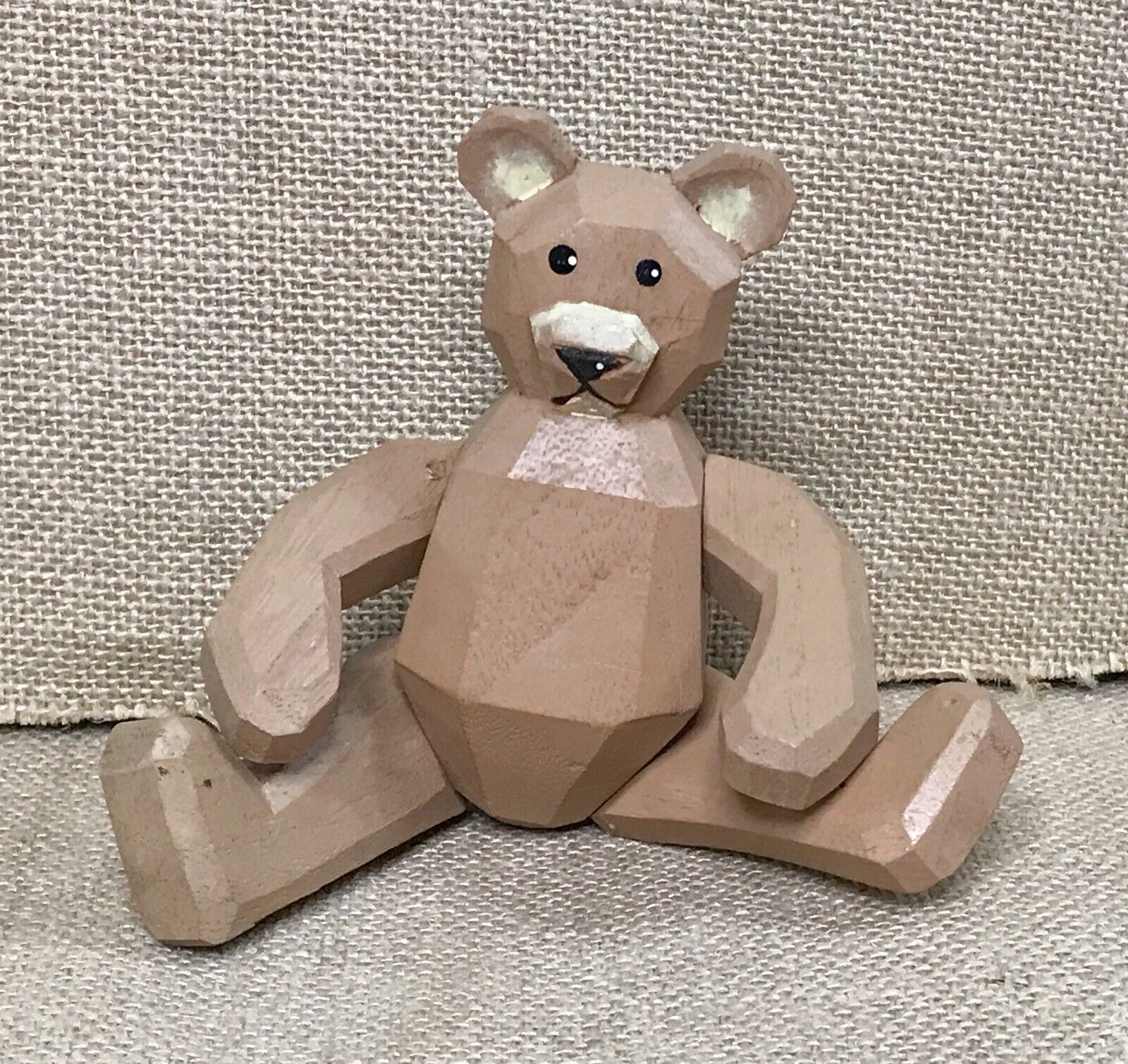 Small Jointed Wood Bear Figurine Hand Carved Geometric Edges Rustic Cottagecore