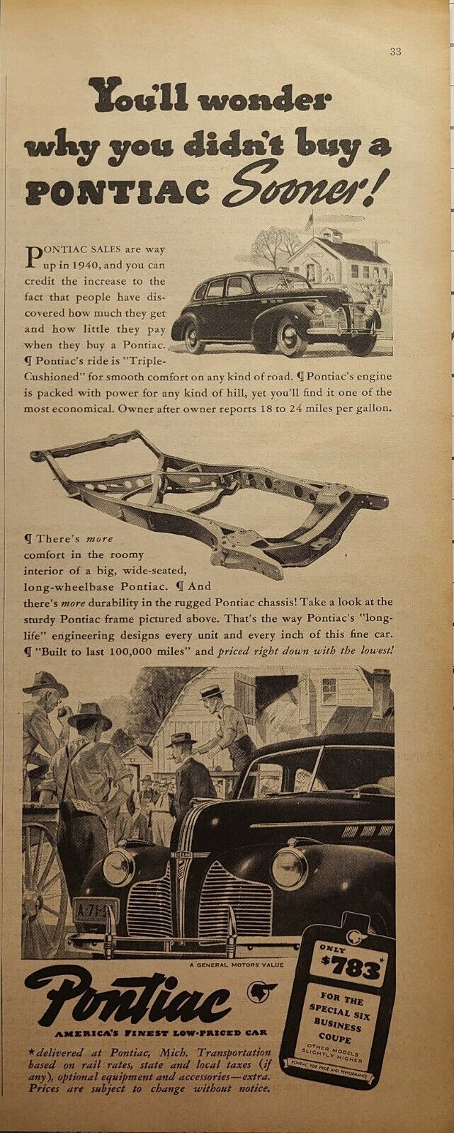 \'40 Pontiac Farmers At Auction Ride Engine Old Schoolhouse Vintage Print Ad 1940