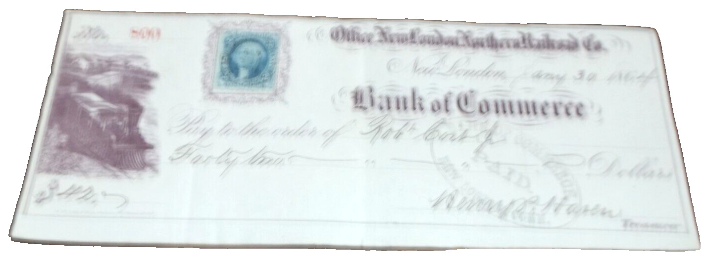 JANUARY 1864 NEW LONDON NORTHERN COMPANY CHECK #800 CENTRAL VERMONT RAILWAY
