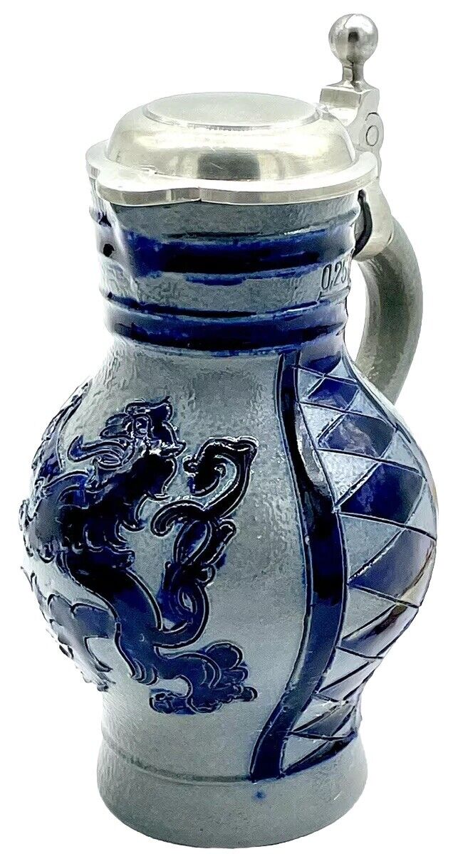Vtg German Stein Vase w/ Lid -Reinhold Merkelbach Höhr-Grenzhausen - Lion - Blue