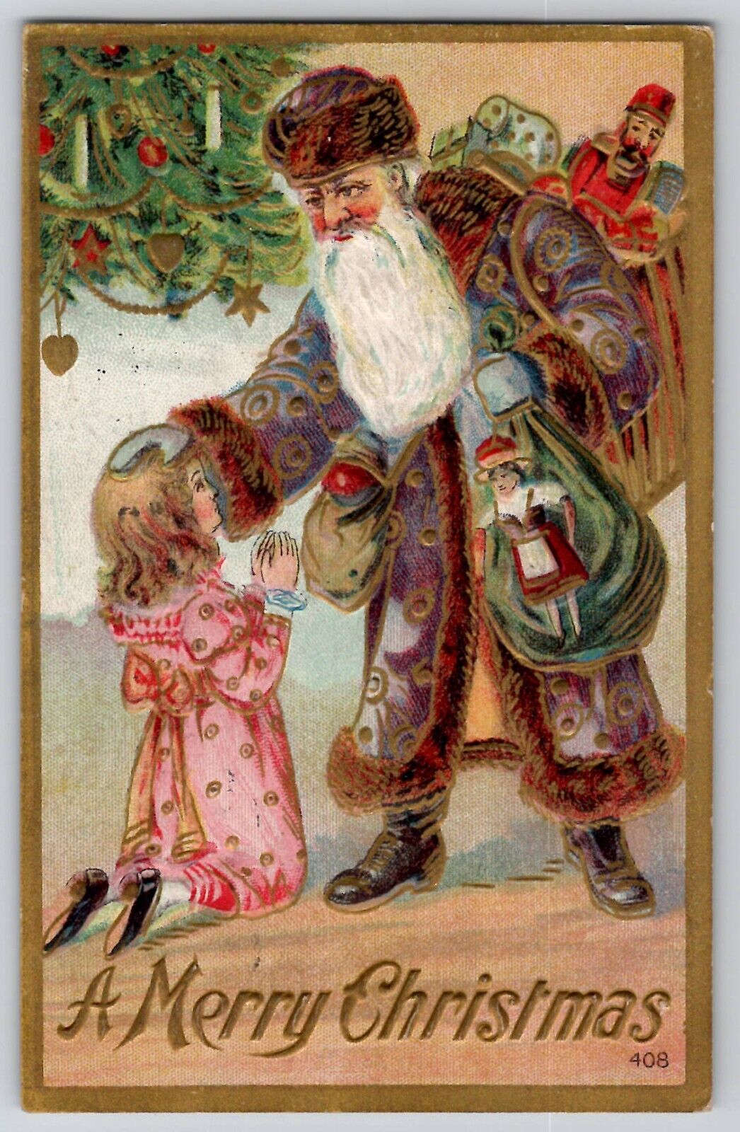 Christmas Santa Claus Purple Robe Brown Fur Toy Sack Little Girl Postcard 1908