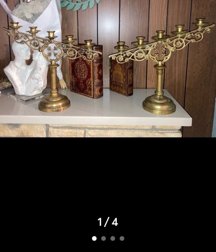 Rare Antique Vintage Ornate Heavy Brass Church Candelabra Candle Holders HTF